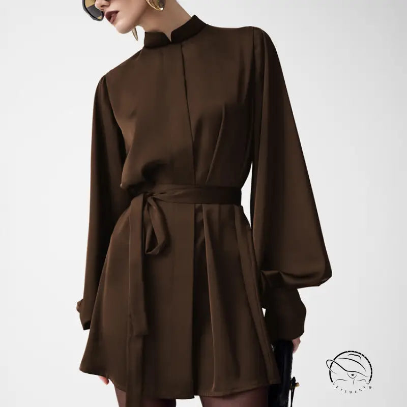 Beautiful lace up A line short dress in sleek chocolate-brown satin with high collar and voluminous sleeves