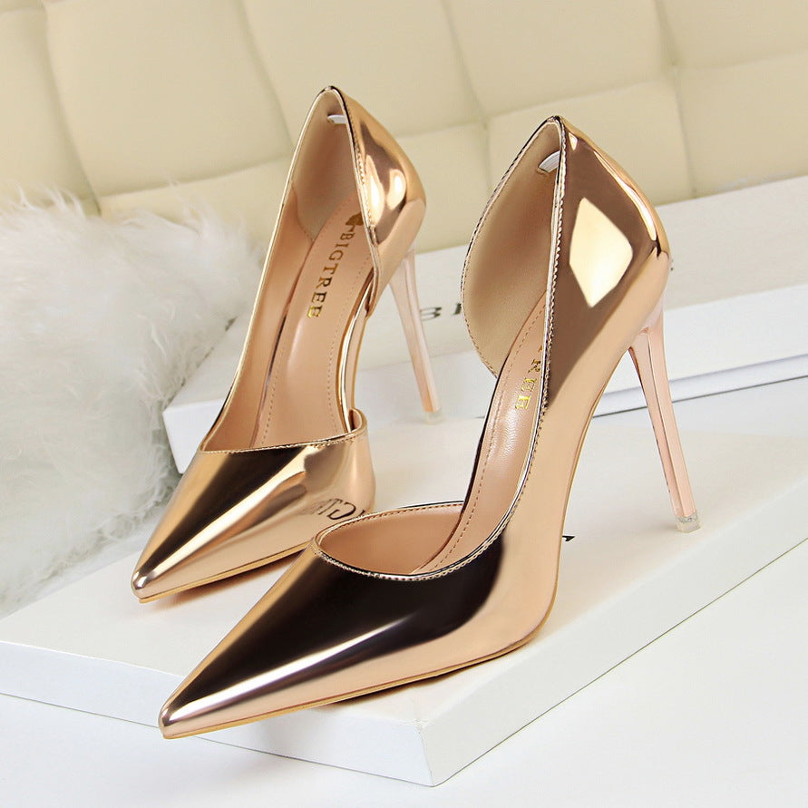 Langry fashion gold black pointed toe stiletto metal heel high shoes