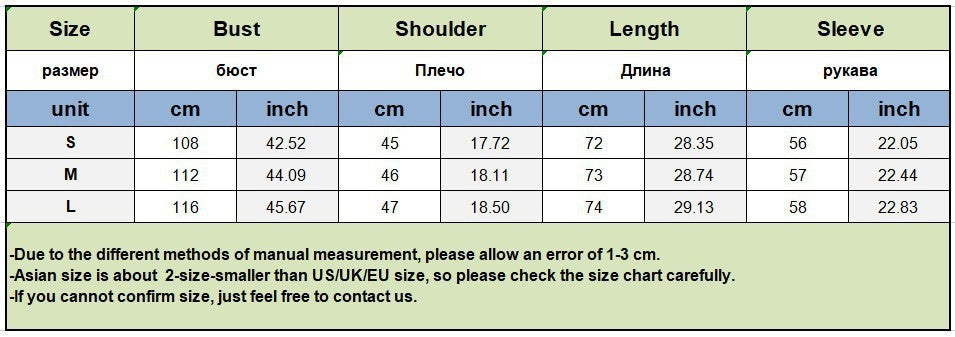 Green and white size chart for Langry faux fur fashion coat in cm and inches