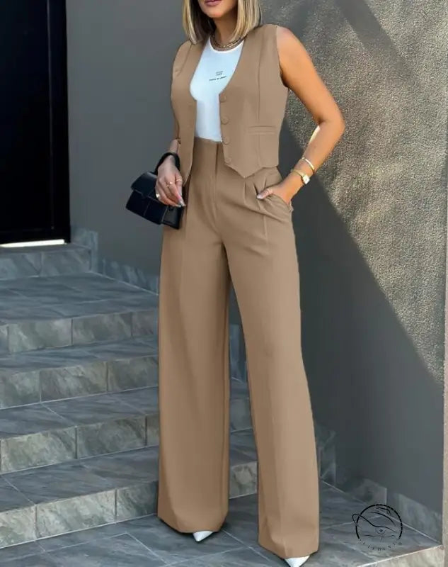 Elegant vest jacket wide leg pants set in tan