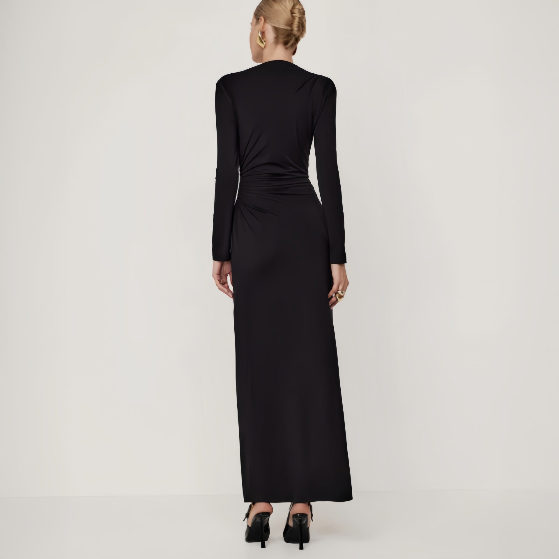 Enchanting fitted waist pleated slim black maxi dress with ruched high neckline