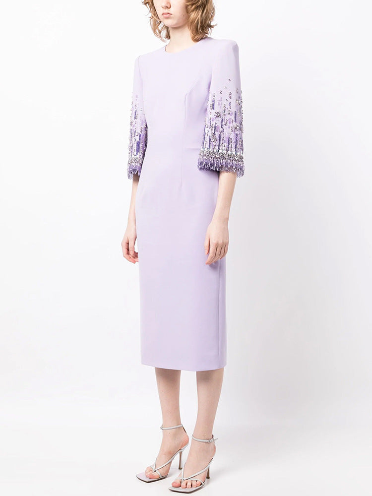 Lavender midi dress with embellished sleeves from the Diamond Embedded Mid Length Dress collection