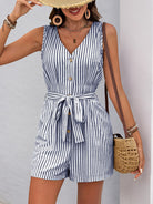 Sleeveless striped romper with v-neck and waist tie, perfect for summer fashion ملابس