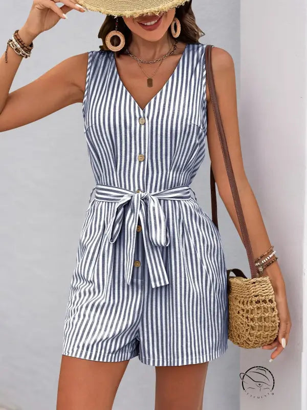 Beautiful summer jumpsuit: sleeveless striped romper with V-neck