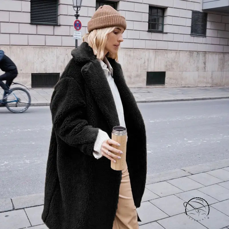 Langry fashion casual faux fur coat in black plush teddy style