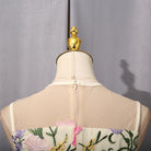 Langry fashion beige sleeveless dress with floral embroidery on mesh bodice