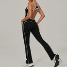 Black langry fashion yoga jumpsuit with white stripes and pockets