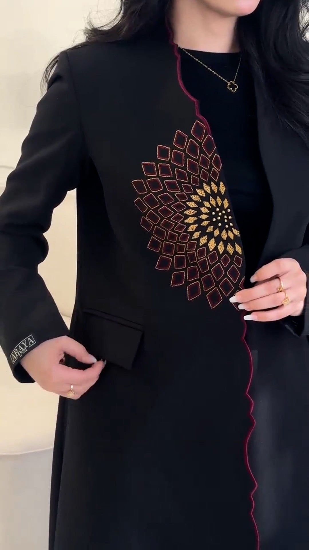 Cozy embroidery loose long trench coat in black with gold burgundy geometric design