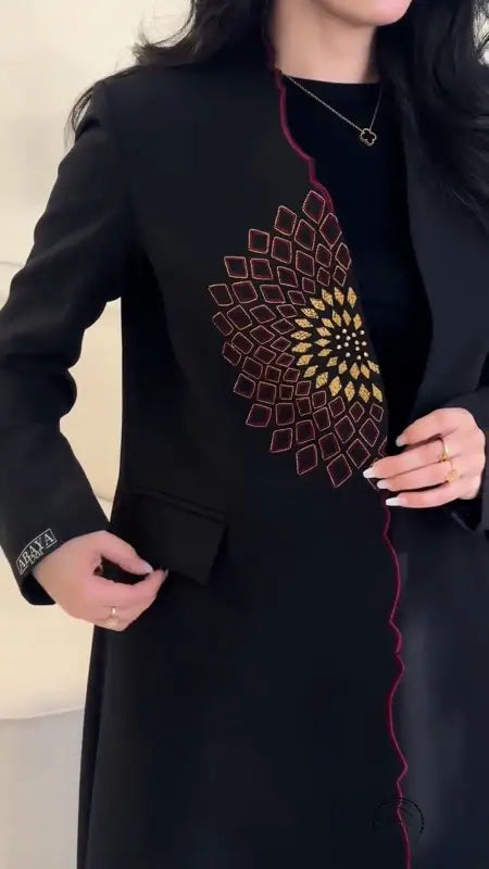 Cozy embroidery loose long trench coat in black with gold burgundy geometric design