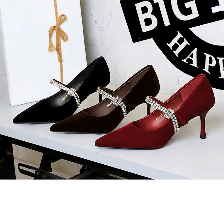 Elegant black and burgundy high-heeled Langry fashion shoes with rhinestone accents