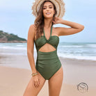 Stunning olive green one-piece swimsuit with halter neckline
