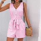 Pink and white striped sleeveless romper with buttons and tie waist, perfect summer fashion