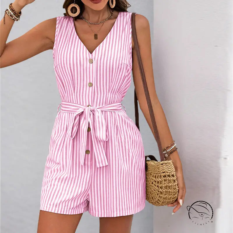 Beautiful summer jumpsuit: pink and white striped sleeveless romper with buttons and tie waist