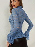 Slim fit bell sleeve blue lace top with scalloped edges and high neckline