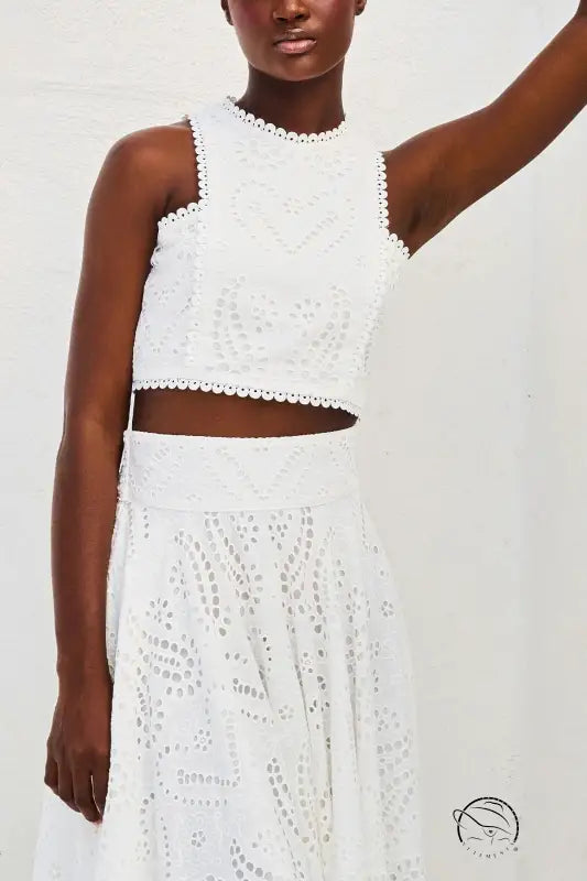 White eyelet crop top and skirt in casual vacation loose two piece set