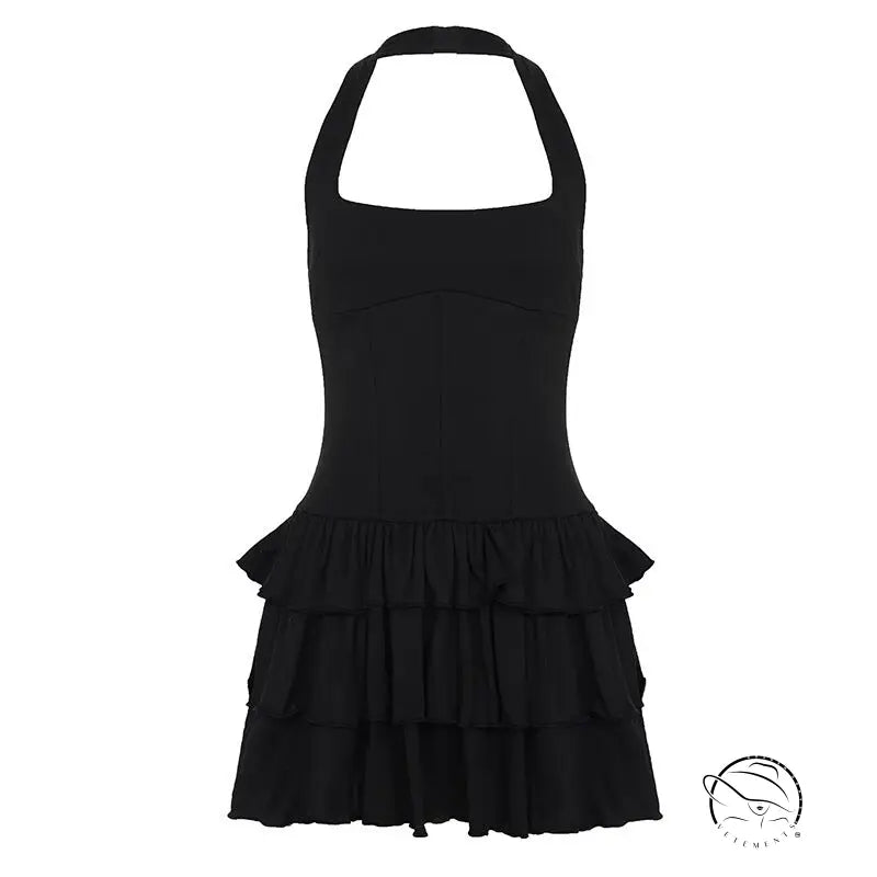 Black halter-neck langry fashion dress with tiered ruffle skirt