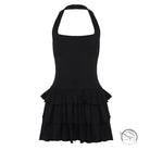 Black halter-neck langry fashion dress with tiered ruffle skirt