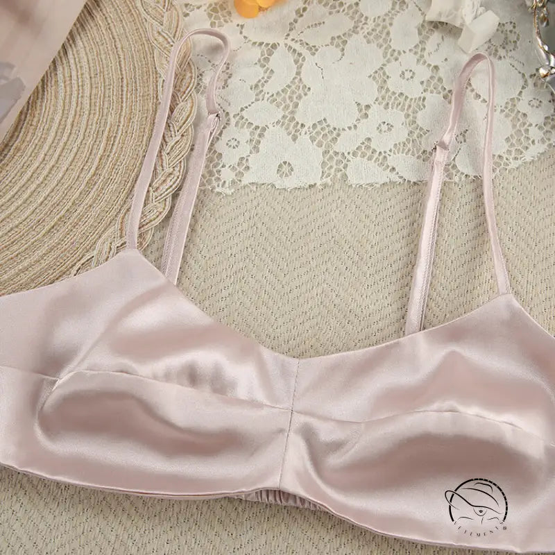 Shiny light pink satin bralette with thin straps in Langry fashion pajamas set