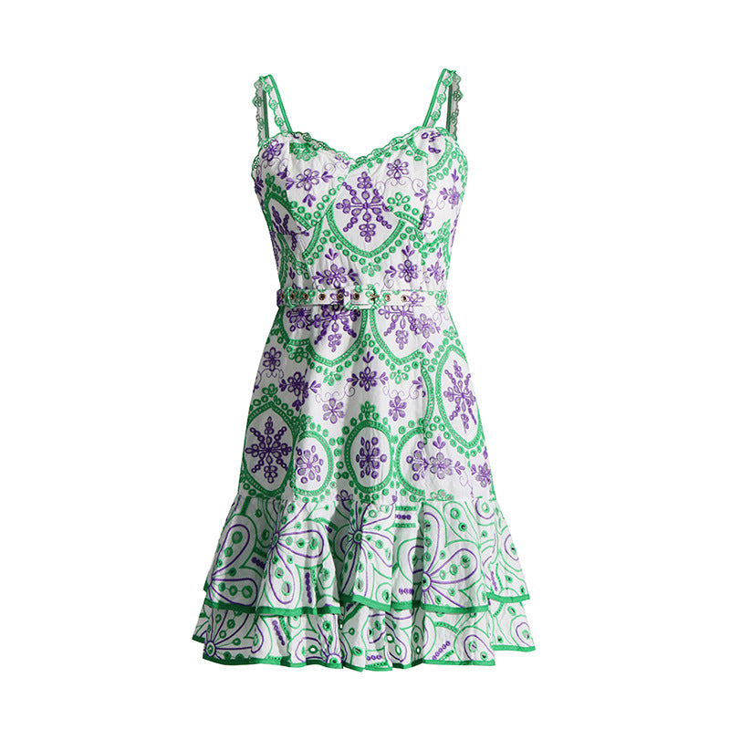 Sleeveless summer dress with green and purple floral print in fashionable design