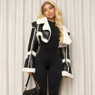 Langry fashion black faux leather cropped coat with fur collar