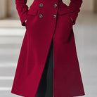 Red double breasted long wool coat in autumn winter fashion