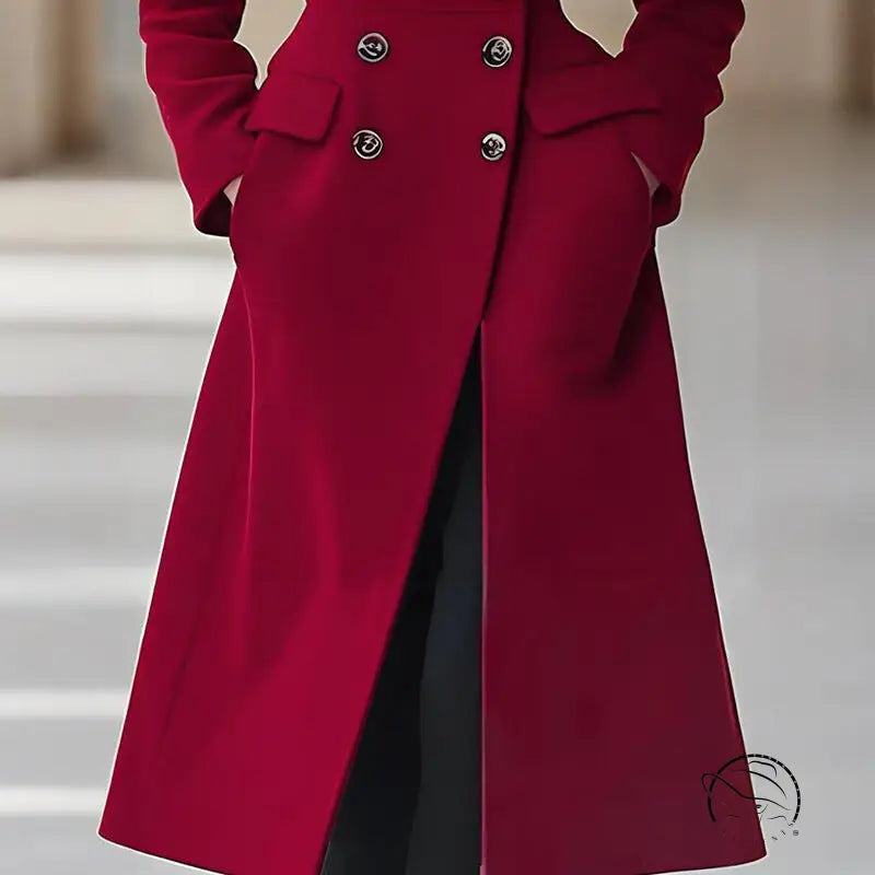 Red double breasted long wool coat in autumn winter fashion