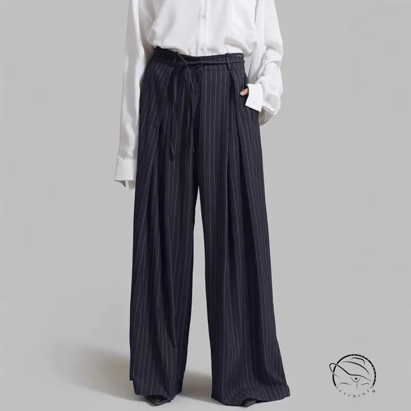 Dark blue pinstriped loose drooping casual work pant with tie-waist