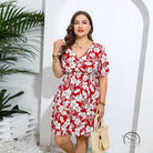 Casual v neck loose dress in red and white floral print with short sleeves