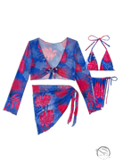 Four piece lace up swimsuit in blue and red tropical leaf print
