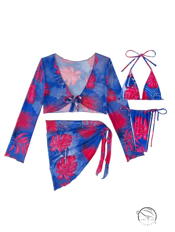 Four piece lace up swimsuit in blue and red tropical leaf print
