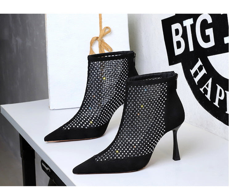 Langry fashion black mesh stiletto ankle boots with rhinestones