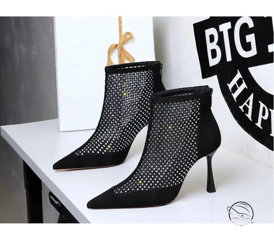 Langry fashion black mesh ankle stiletto boot with rhinestones