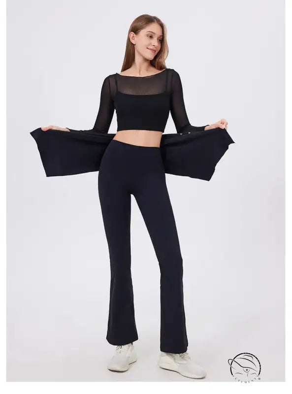 Black mesh crop top with hip lifting nude feel yoga pants and white sneakers