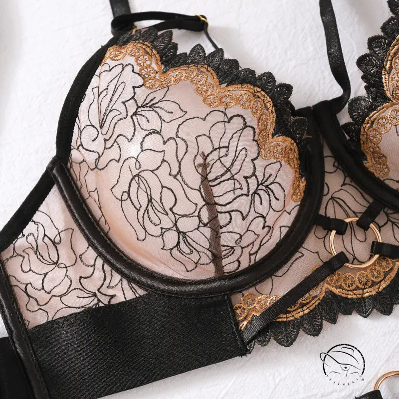 Complex Craft black lace lingerie set with floral embroidery and gold trim