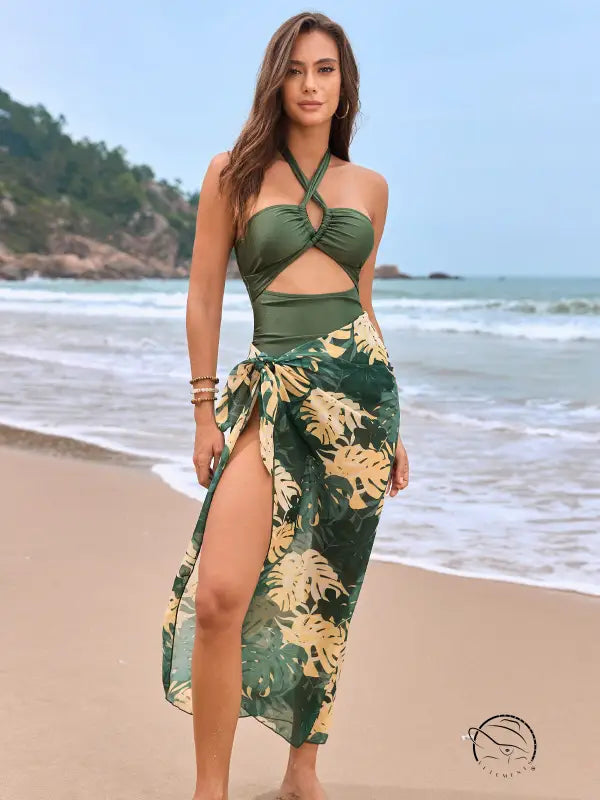 Stunning one piece swimsuit in olive green floral with cutout halter top