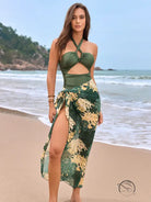 Stunning one piece swimsuit in olive green floral with cutout halter top