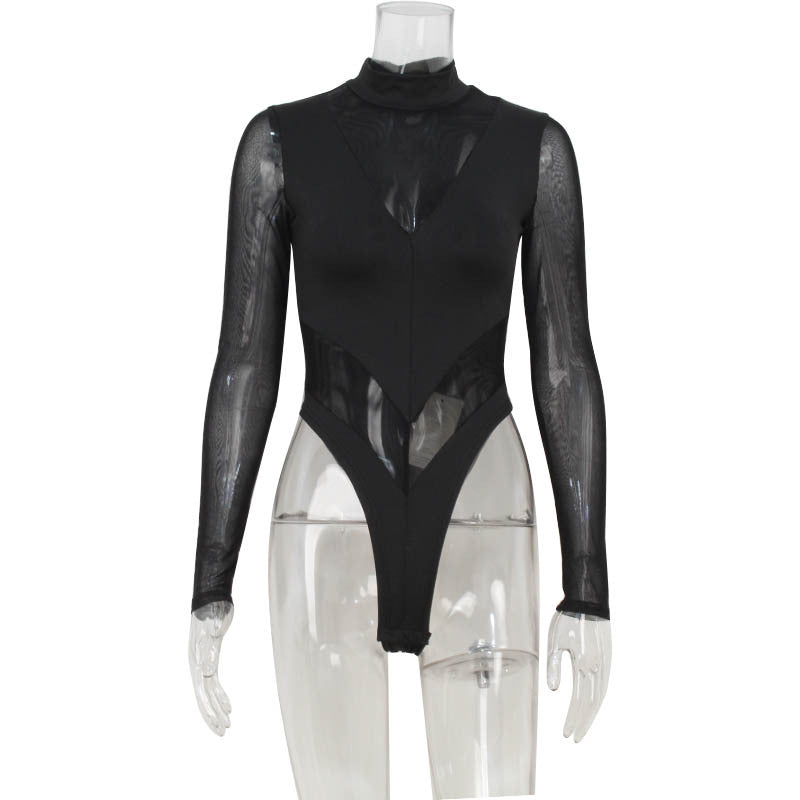 Black mesh long-sleeve bodysuit with high neckline, perfect for trendy ملابس fashion
