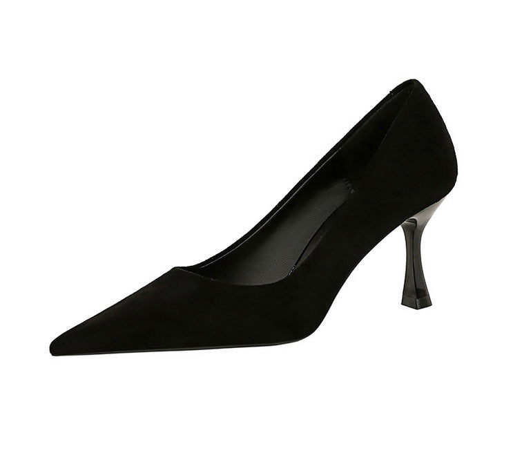 Langry fashion black patent leather pointed toe pump with silver heel