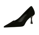 Langry fashion black patent leather pointed toe pump with silver heel