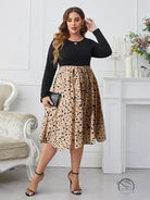 Polka dot printing loose dress: plus-size black top with animal print skirt