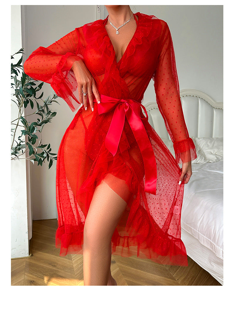 Vibrant red sheer polka-dot mesh robe with satin belt in ruffled lace lingerie fashion