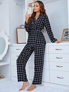 Comfy Plaid Long Sleeve Deep V-Neck Black and White Checkered Pajama Set