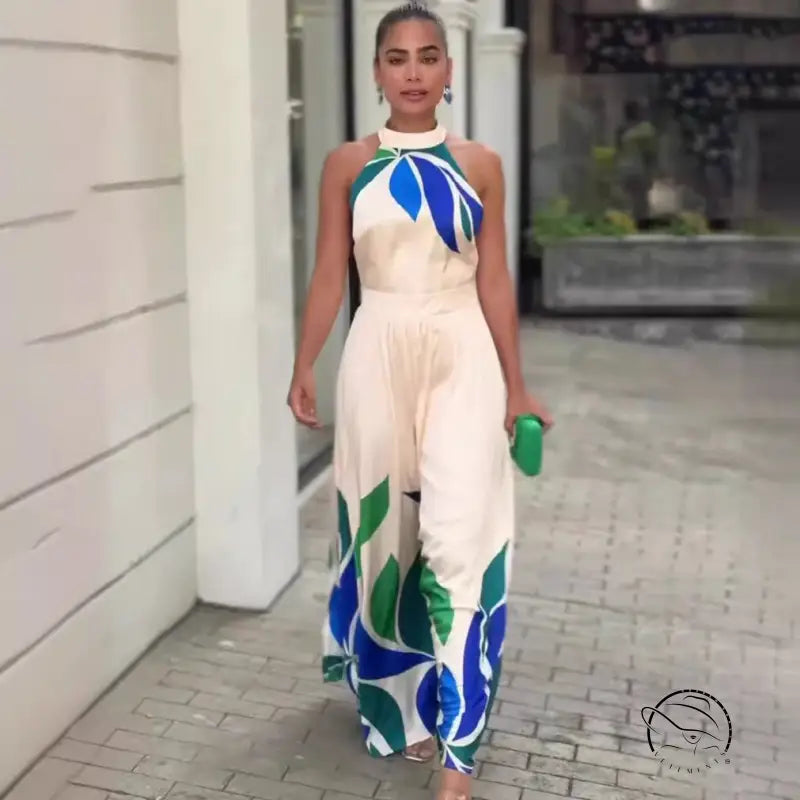 Summer printed dewy sleeveless flared shorts jumpsuit for women