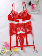 Red lace embroidery lingerie set with steel ring push-up and floral bodice