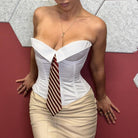 White Langry strapless lace-up steel ring corset with striped tie belt and beige pencil skirt in fashion ملابس