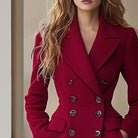 Red double-breasted long wool coat with large buttons and pockets for autumn winter fashion