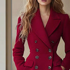 Red double breasted wool coat with large buttons and pockets for autumn winter fashion