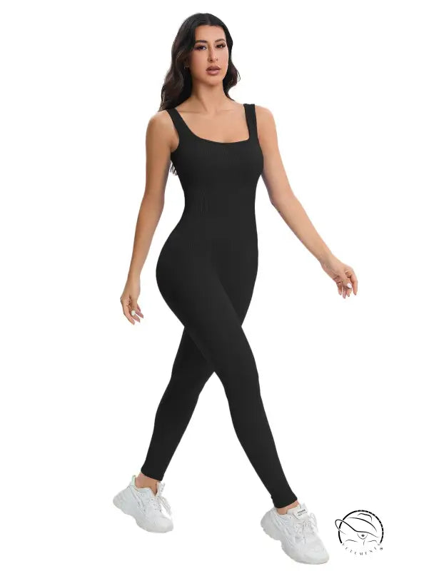 Langry breathable seamless knitted black sleeveless fashion jumpsuit