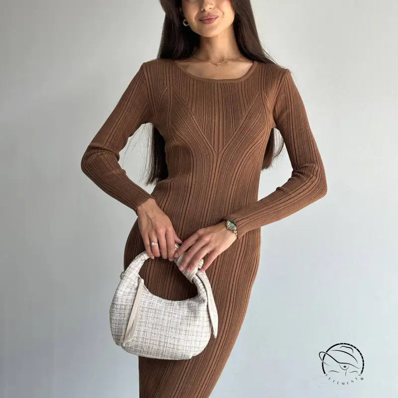 Brown ribbed knit dress in langry fashion ملابس