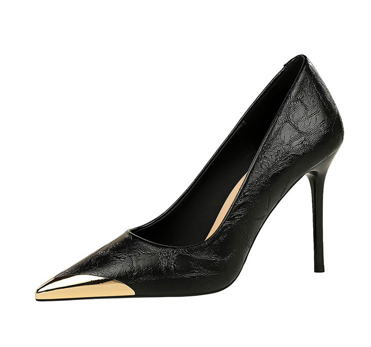 Langry fashion black patent leather high heel with gold toe cap